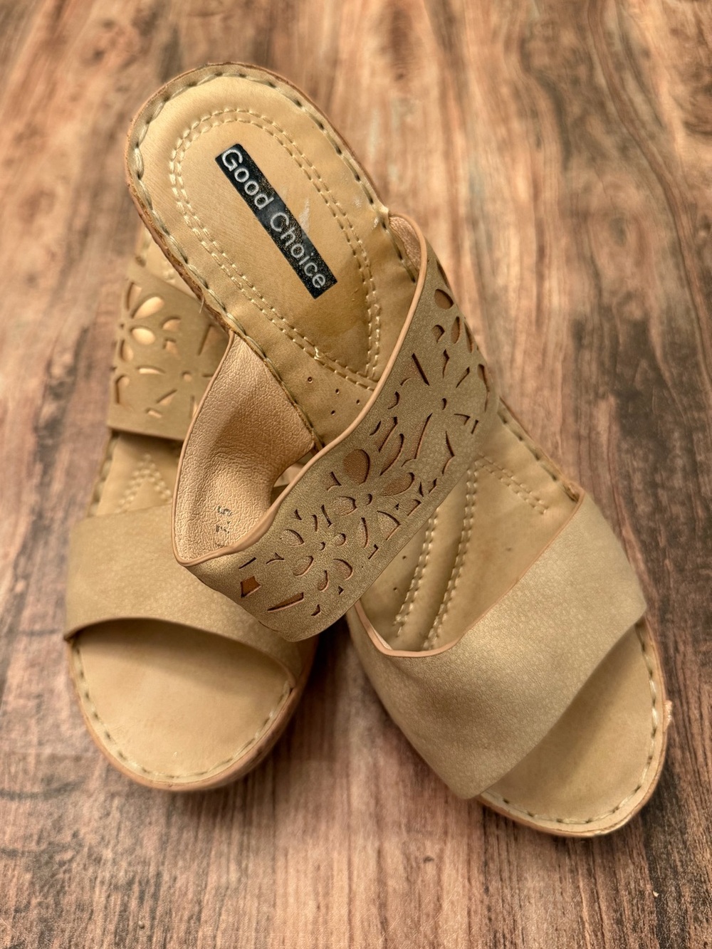 Good Choice Tan Laser-Cut Slide Mules